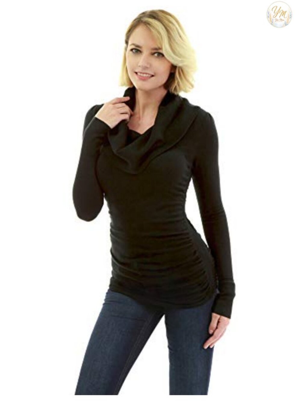 Slim Fit Cowl Neck Long Sleeve Tunic Sweater - Ruched Sides, Viscose Blend
